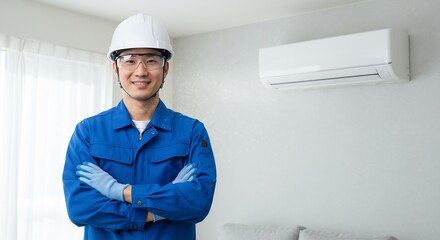 Smiling Asian technician in blue uniform and hard hat with arms crossed standing near an air conditioner.