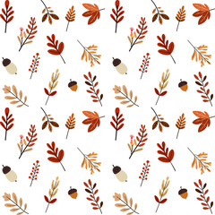 Autumn leaves and acorns scatter across white in a cozy, festive repeat. Warm reds, oranges, and browns evoke seasonal charm, perfect for fall themed designs.