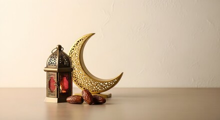 Ramadan islamic symbols crescent moon lantern and dates on table