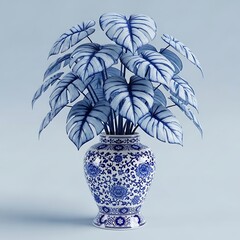Elegant blue and white porcelain vase holding large tropical plant