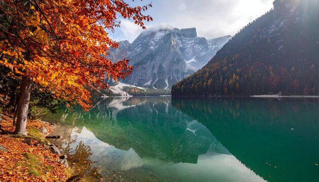 Vibrant autumn trees by a calm mountain lake