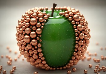 Green apple covered in copper beads with a textured background