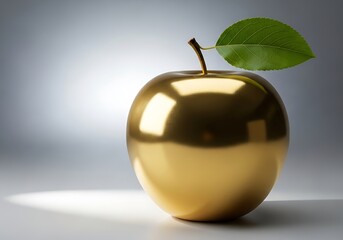 Shiny golden apple with a single green leaf on a reflective surface