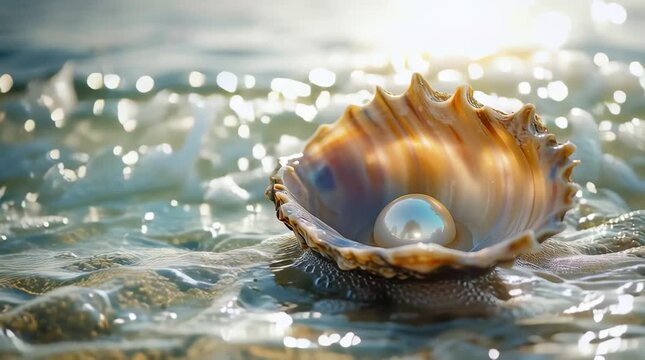 Close-up of an open seashell with a mother-of-pearl pearl inside.	