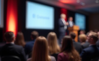Presenter Presenting on Stage at Conference Meeting. Professional Lecture. Blurred De-focused Unidentifiable Presenter and Audience. Corporate Executive Manager Speaker. People Attendees