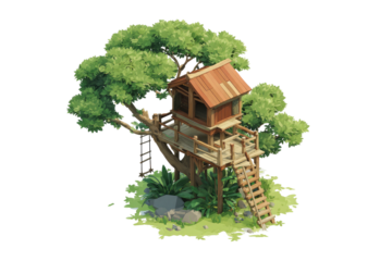 Treehouse on sturdy branches, ladder entrance