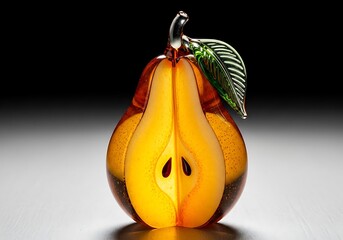 Artistic glass sculpture of a halved pear with leaf detail