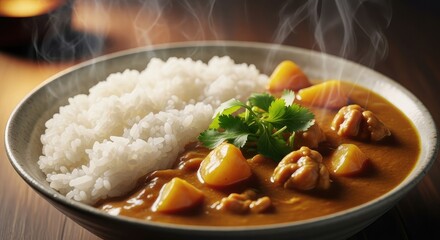 Close up of a bowl of japanese curry with rice and steam rising above