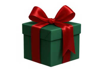 Green gift box wrapped with a shiny red satin ribbon and bow, representing surprises, presents, and cheerful occasions