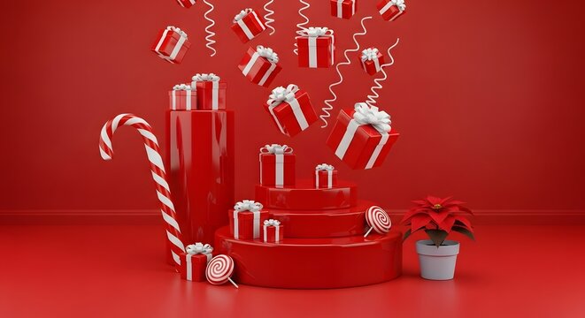 Red christmas gifts and candy cane on a red background