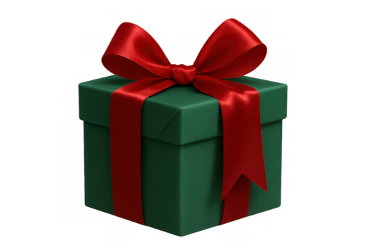 Green gift box wrapped with a shiny red satin ribbon and bow, representing surprises, presents, and cheerful occasions - Powered by Adobe