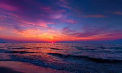 Vibrant sunset over calm ocean water, a wave rolling up to sandy shore under colorful sky