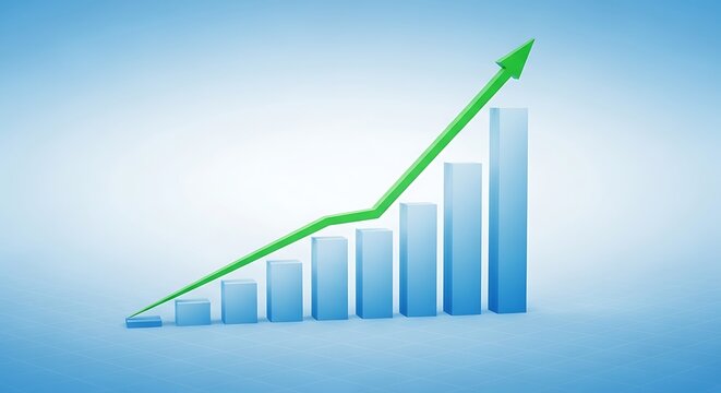 A rising green arrow graph indicating upward financial growth and positive economic trends against a blue gradient background
