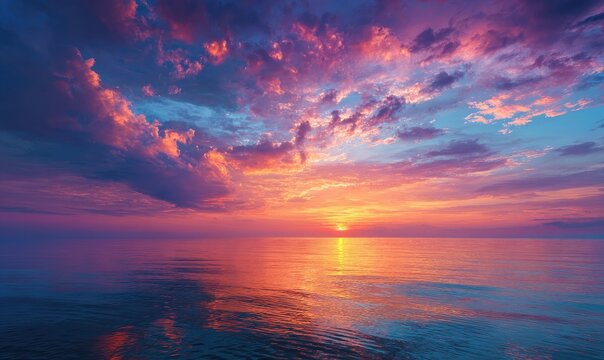 Ocean sunset reflects sky in pink and orange hues, with dramatic, colorful clouds above
