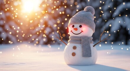 Cute snowman with a knitted hat in a snowy winter landscape