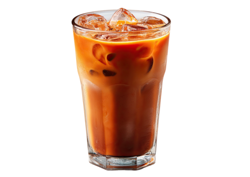 Iced drink with ice cubes in tall faceted glass