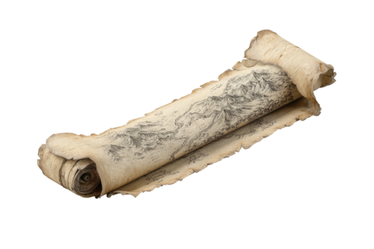 Aged, rolled parchment map with mountain details shown
