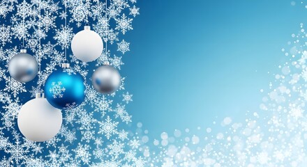 Christmas ornaments hanging with snowflakes on a blue gradient background