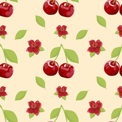 Seamless Cherry Fruit Pattern Vector on White Background, Perfect for summer designs, fabric prints, packaging, wallpapers, wrapping paper.