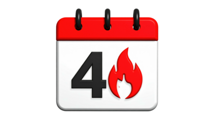 3D calendar icon with red header displays the number 4 and a flame illustration on a white sheet