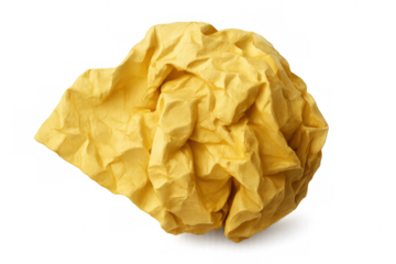 Crumpled yellow paper ball representing failed ideas, mistakes, and waste on transparent background