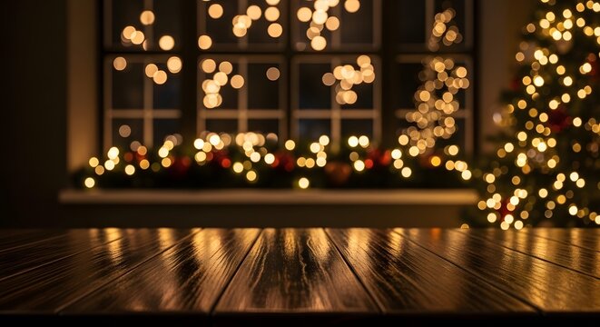 Christmas lights and decorations with wooden table background