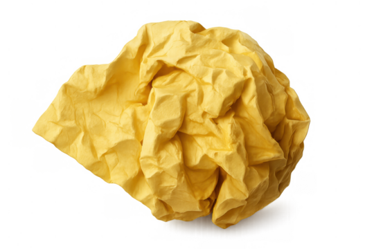 Crumpled yellow paper ball representing failed ideas, mistakes, and waste on transparent background