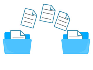 copying files, duplicating files, moving files, copying documents from one folder to another. blue folder icon with paper