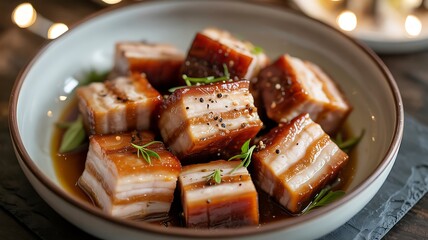 Crispy Pork Belly Cubes in Rustic Bowl — Close-Up Gourmet Food Photography with Fresh Herbs