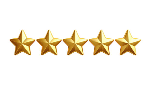 Five golden, five-pointed stars are aligned horizontally against a solid black background, reflecting light softly - Powered by Adobe