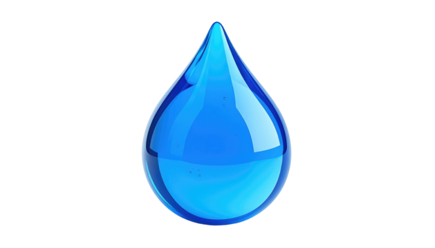 A single, glossy, blue water droplet on a stark black background, capturing its reflective qualities