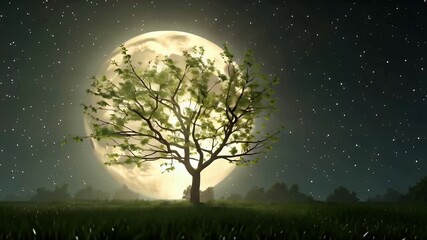 Moonlit solitary tree silhouetted against a giant glowing full moon in night sky - Powered by Adobe