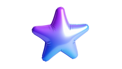 Glossy, purple-blue gradient star balloon against a stark black backdrop, seemingly floating in air
