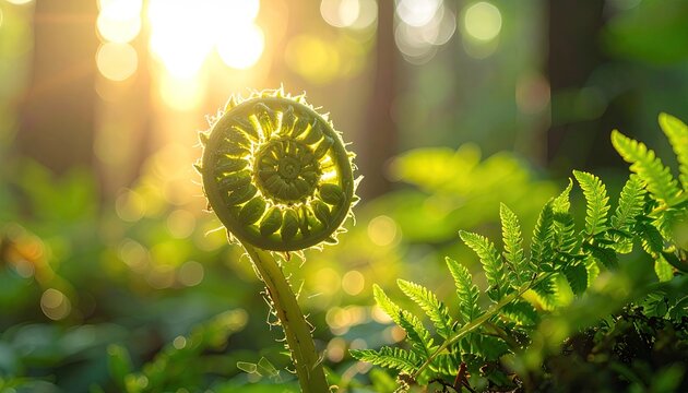Close up of a bright green fern frond unfurling in warm golden sunlight with bokeh forest background
