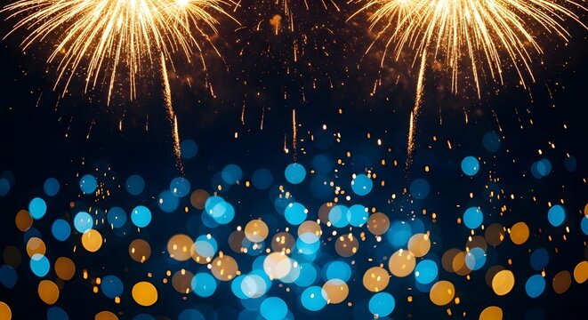 Golden fireworks and bokeh lights on a dark blue background