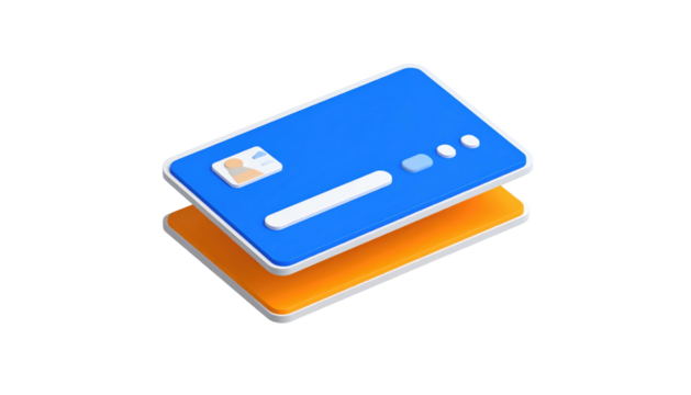 Two stacked, rounded, rectangular cards, top one blue, bottom orange, in 3D style against a black background