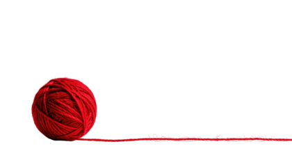 Bright red yarn ball with string trailing on a black background, textured, soft, and inviting, minimalist