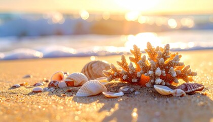 Couple walking on a sandy beach during golden hour with sparkling ocean waves and a glowing sky creating a romantic atmosphere