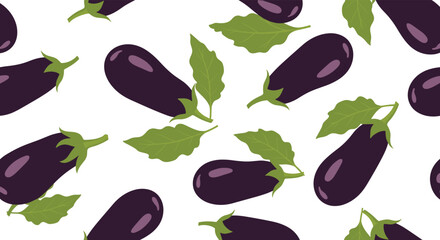 A vibrant seamless pattern featuring multiple purple eggplants with green stems and leaves, set against a pristine white background.