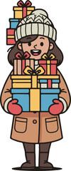 Winter Teacher Character Holding Stack of Gifts, Merry Christmas