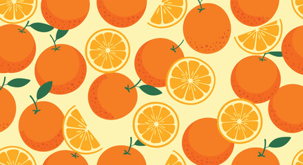 A cheerful and juicy seamless pattern of ripe whole oranges, orange slices, and wedges with green leaves scattered across a light yellow background.