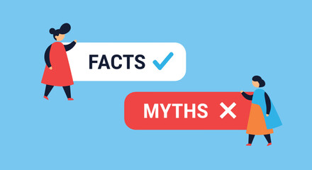 Two stylized people hold up signs distinguishing between facts and myths, with a checkmark for truth and an 'X' for falsehood.