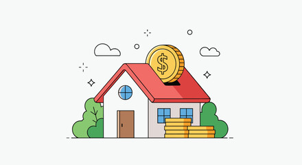 An illustrative depiction of a house functioning as a savings fund, with a dollar coin on the roof and money stacks, signifying home investment.