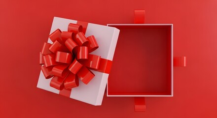 Open white gift box with red ribbon and bow on red background