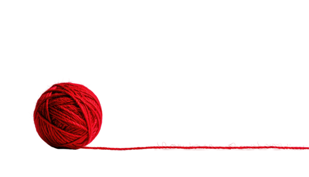 Bright red yarn ball with string trailing on a black background, textured, soft, and inviting, minimalist