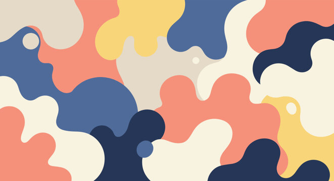 Playful abstract pattern of organic shapes in a seamless repeat, featuring a palette of muted blues, coral, cream, and yellow for a modern background.