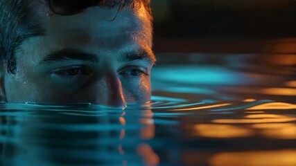 Man submerged in water with reflective lighting creates a serene and contemplative atmosphere perfect for wellness relaxation or a cinematic visual representing introspection and peace of mind
