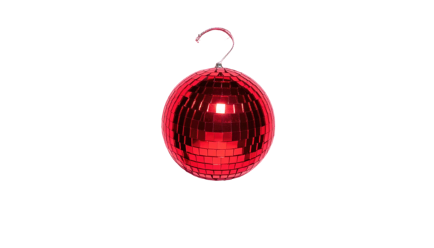 Mirrored, red disco ball ornament hangs on a hook against a dark background