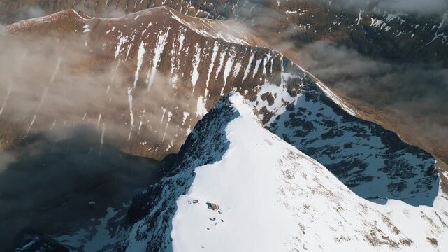 Snow-covered Ben Nevis in Winter &mdash; Aerial Drone Footage of Scotland&rsquo;s Highest Peak with Dramatic Clouds, Rugged Alpine Ridges, Frozen Landscapes and Cinematic Highlands Beauty 4K