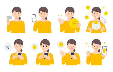 クレジットカードやスマホで買い物をする･ポイントを貯める若い女性のセット【人物ベクターイラスト素材】